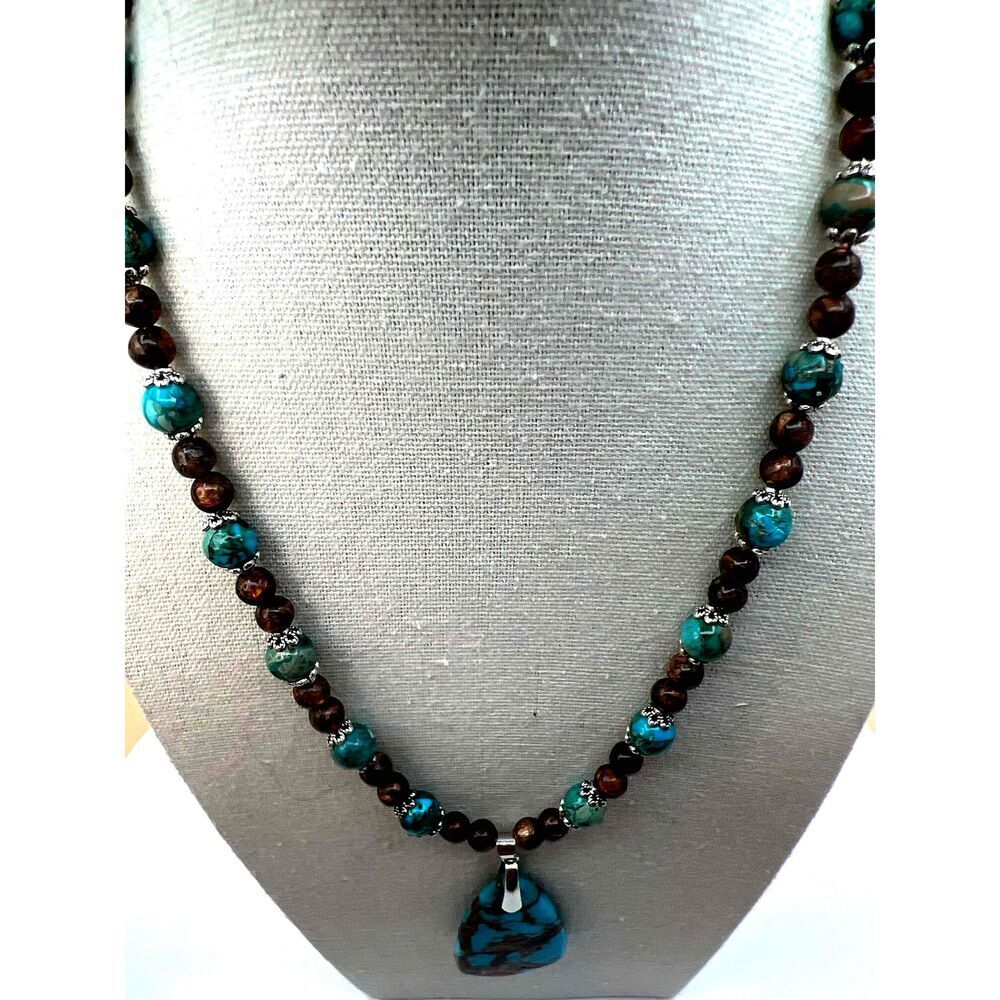 NEW Handmade Brown And Bluegreen Beaded Faux Turquoise Necklace - Picture 3 of 12
